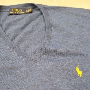 Polo Ralph Lauren 100% Merino Wool Men's V Neck Blue Sweater Sz XL Preppy Office